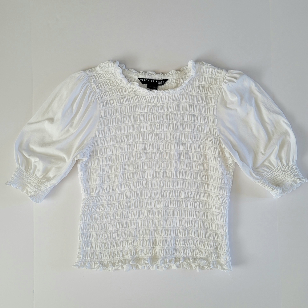 Veronica Beard Jeans Smocked Puff Sleeve Top White Clean Girl Feminine Small - Picture 5 of 8